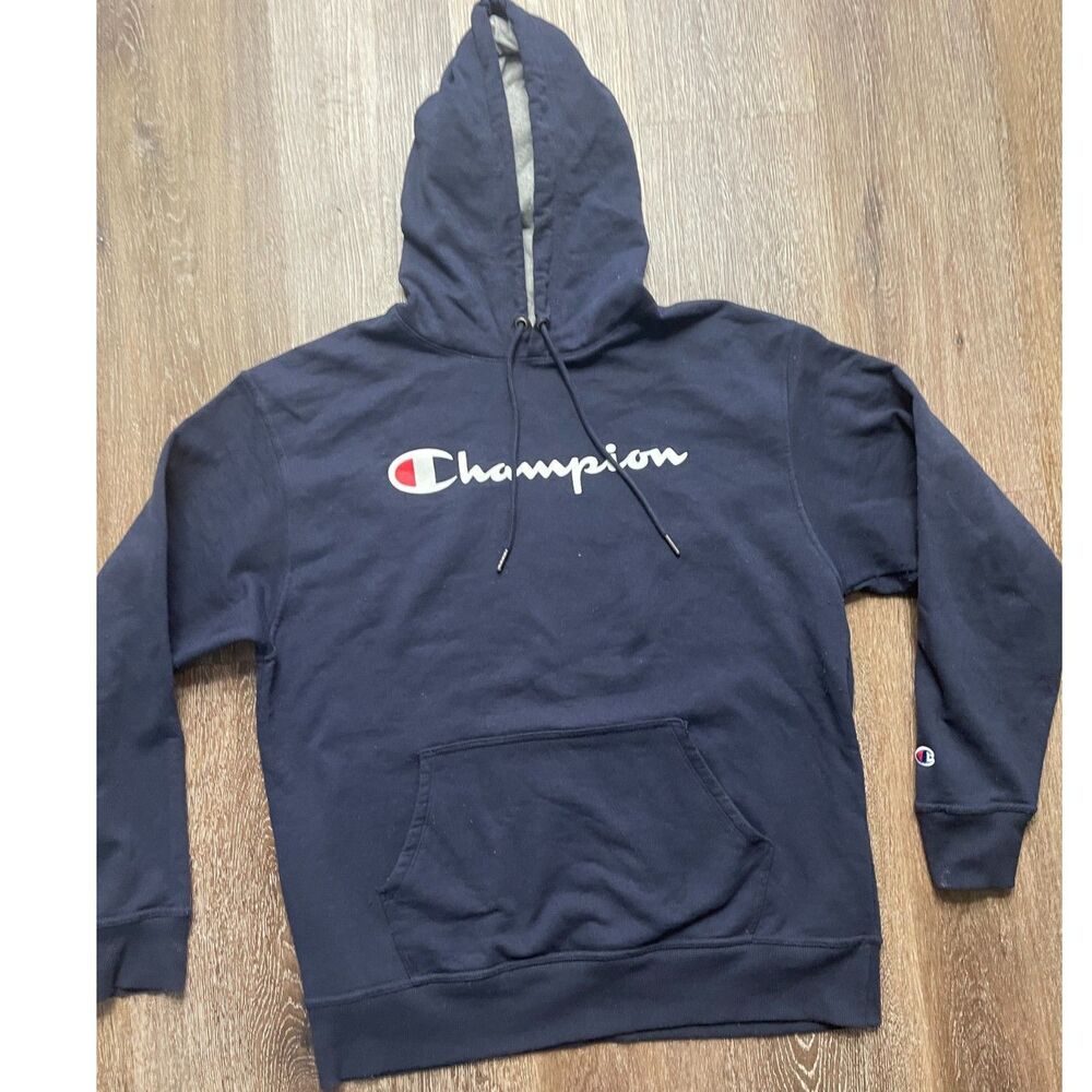 Vintage Y2K Champion Men's Hoodie Navy Blue Front Spell Out Gray Lining Size L